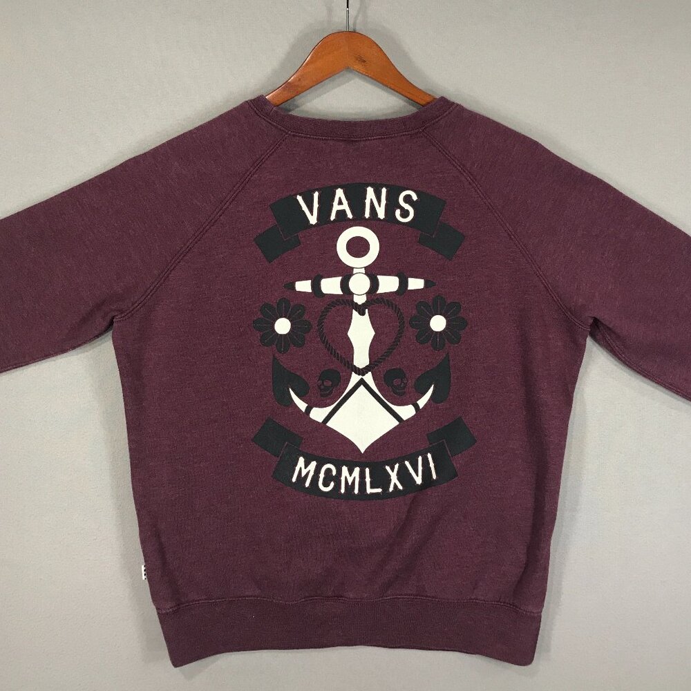 Vans Sweatshirt Teens Medium Red Graphic Logo Pullover Sweater Crew Anchor Skull - Picture 11 of 14
